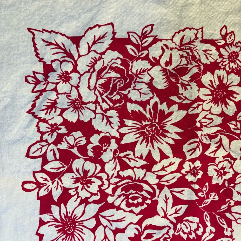 Vintage Mid Century Floral Tablecloth Red Blue 48x58 Cottagecore